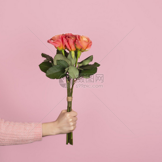 在情人节国际妇女或母亲日等情人节的浅粉红背景Trindy标语上用一位女士手握着淡粉红色背景Banner用于情人节的粉红背景Ban图片