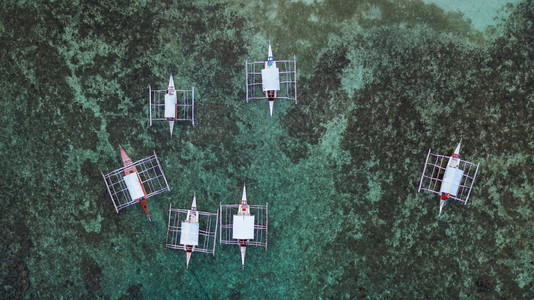 浮船从空中上向下俯冲在开阔海中游动珊瑚礁上空有清晰和松绿的水域离开热带环礁湖摩尔博阿岛奥斯陆b菲律宾宿务岛奥斯洛布超过游客图片