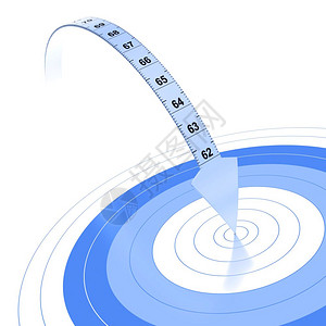 白色背景的蓝颜反射和目标重量减饮食在极端边缘用箭头进行塑料胶带测量在白色背景上以蓝涂成灰仪表圆周健康图片