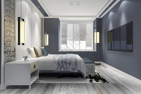 放松渲染阁楼3D在度假酒店提供蓝色豪华卧室套房图片