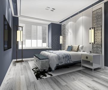 3D在度假酒店提供蓝色豪华卧室套房家具住宅内部的图片