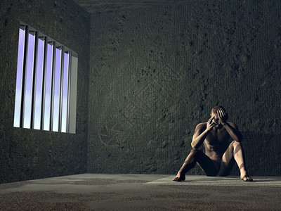 绝望的使成为坐在一扇窗户旁边的萨德人被关在有铁窗的监狱里他阳光照着萨德囚犯3D罪图片
