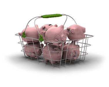 盈利能力支出预算金属篮子里面有很多粉红小猪银行在白色背景存钱概念上图片
