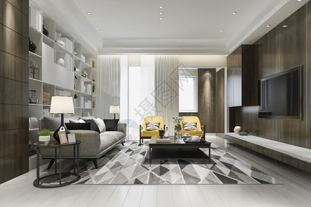 3d提供阁楼豪华客厅用黄色的手椅和书架酒店装饰风格家具图片