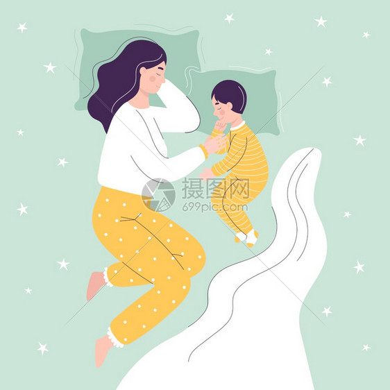 美丽的母亲和儿子睡在床上童与父母一起睡觉的概念平面矢量卡通插图请见此幸福压痛妈图片