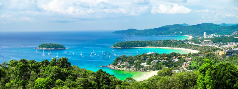 自然卡伦泰国普吉塔和隆海滩高视点的美丽绿海有船只和沙质海岸线放弃在泰国普吉岛Phuket岩石图片