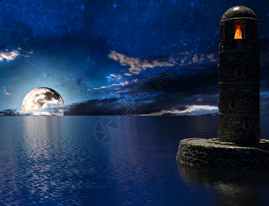旧灯塔有火和月亮3D将旧灯塔加上火和月亮幽灵般的云景黑暗图片