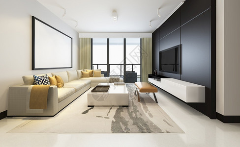 嘲笑屋建造3d提供豪华和现代客厅配有装饰沙发的拖拉架图片