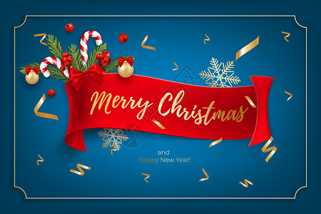 卡片礼物红色的圣诞快乐和新年的贺卡背景与切合实际的圣诞球糖果甘蔗红莓等圣诞节日树枝图片