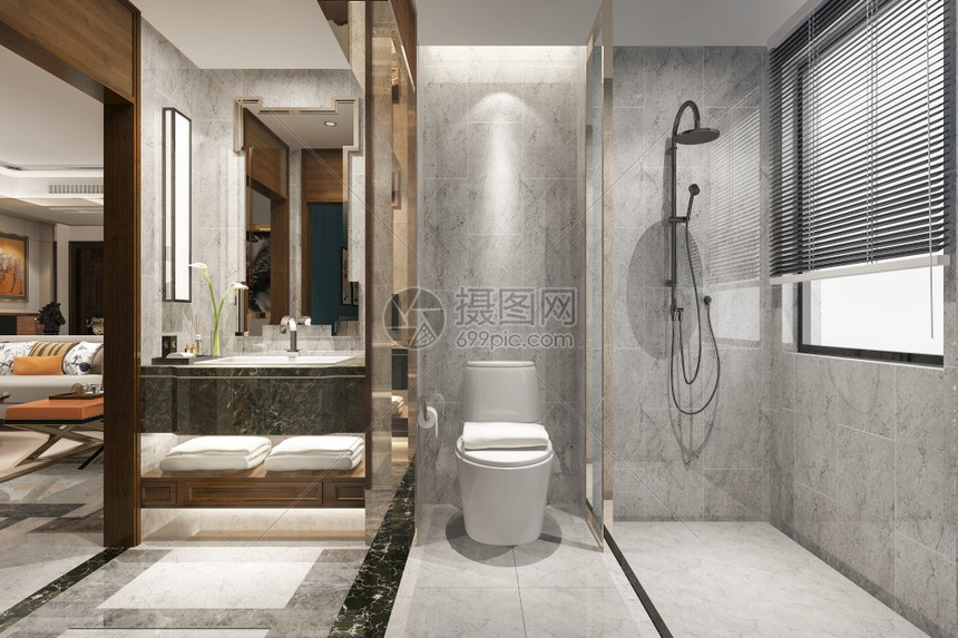 现代的酒店传统现代厕所在客厅附近有豪华的瓷砖装饰室内图片