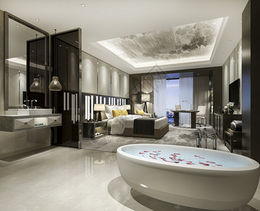 3d提供现代豪华卧室套房和浴自在阁楼酒店图片