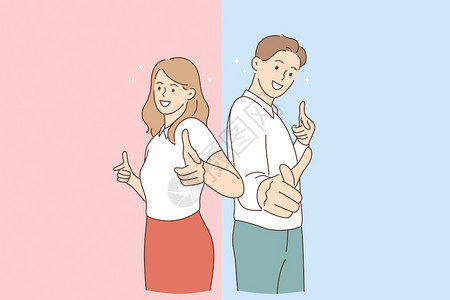 男欢笑的情侣女卡通人物站在镜头前指着摄影机举起拇指向矢量示意积极情绪和良好气氛概念积极情绪和良好气氛概念用摄像头显示男生幸福图片