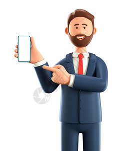 成人3D插图长胡子的男拿着智能手机并显示空白屏幕用色背景孤立的空露天电话将笑着的卡通商人肖像贴近脸部大胡子社会的图片