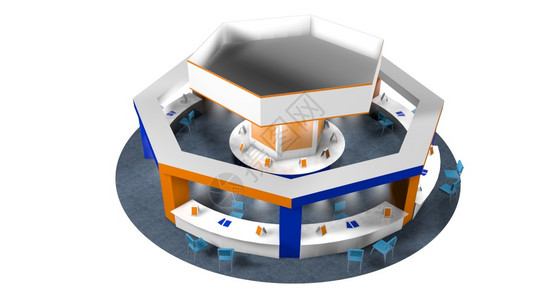 桌子蓝色的内部在八角博览会上销售的3D广告站模型在圆周地毯上为顾客和供应商提椅子白色背景上的蓝色和橙摊台用白蓝和橙标成白底并有宣图片