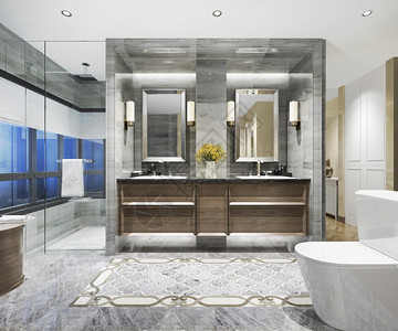 3d提供现代经典浴室用豪华瓷砖装饰器夜视窗口白色的经典美丽图片