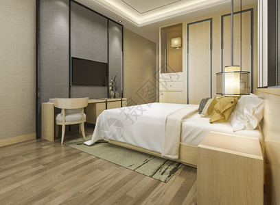 衣柜椅子3d提供美丽的豪华卧室套房酒店有电视和工作桌房间图片