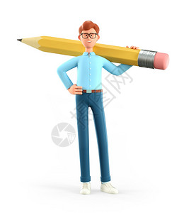 学生卡通3D插图微笑的创意男子肩上拿着大铅笔并产生思想卡通常年商人作家设计者学生白人背景孤立的画家设计师学生校男人绘画背景