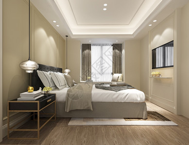 优质的3d提供美丽的豪华卧室套房在酒店与电视睡觉放松图片