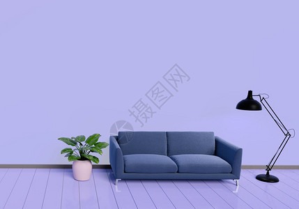 装饰风格在室内紫色客厅现代室内设计沙发用一盆植物放在白光的木地板上甘蓝元素家与生活概念3D式主题插图最小的图片