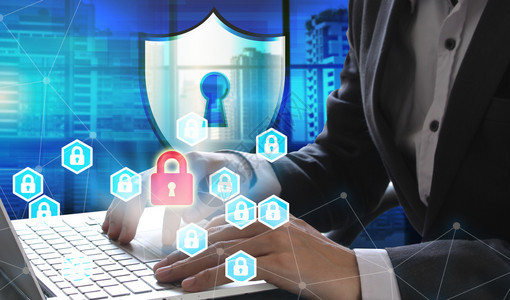 机密的商人手用提电脑使挂锁技术网络安全数据保护商业技术隐私概念以及计算机安全数据保护商业技术私隐概念全球的二进制图片