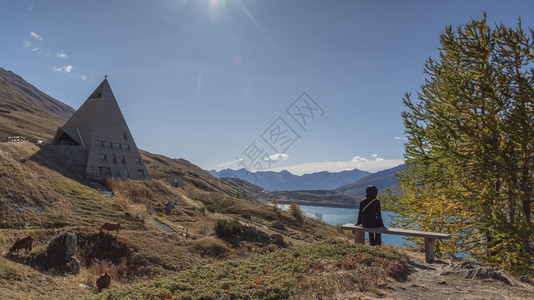 跑步水平的考虑在秋天与湖泊和山丘相伴的阿尔卑斯山地貌的人法语图片