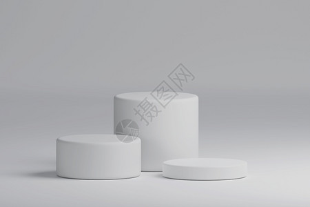 白色的介绍现代3个白色圆筒产品阶段讲台背景最低时主题几何概念展览和商业营销示阶段3D显示图形设计解的3D插图片