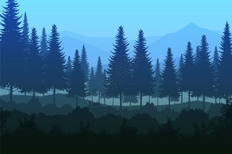 松树矢量自然林绿天然松山地平原天然松林山脉地平面风景壁纸日出和落冬天薄雾蓝色的背景