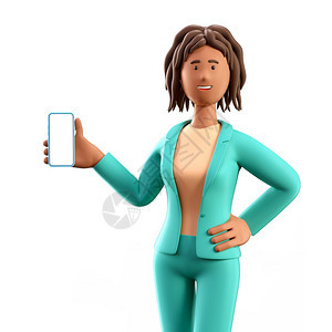 常设保持3D插图非洲女持智能手机用空白屏幕显示的站立女使用电话近距离剪贴卡通笑脸优雅商业女人的肖像就业图片