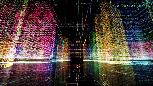3D在计算机系统中将抽象虚拟城市转换成全象3D大数据字城市大楼并配有二元代码粒子网络信息技术格图片
