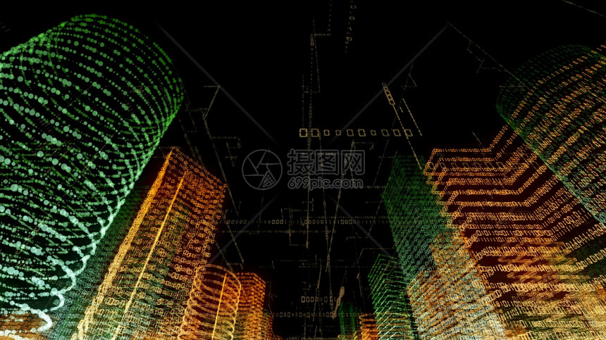 全息图3D在计算机系统中将抽象虚拟城市转换成全象3D大数据字城市大楼并配有二元代码粒子网络天际线电脑图片