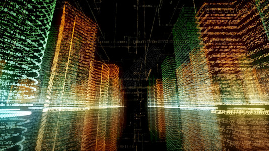 全息图安技术3D在计算机系统中将抽象虚拟城市转换成全象3D大数据字城市大楼并配有二元代码粒子网络图片