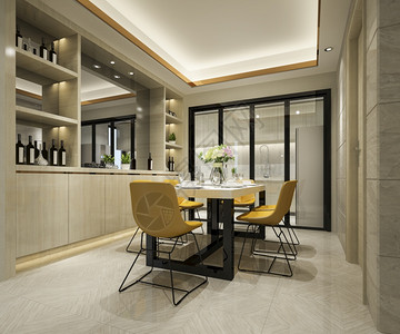 3D提供黄色椅子和有餐桌的豪华厨房柜台黄色的具体图片