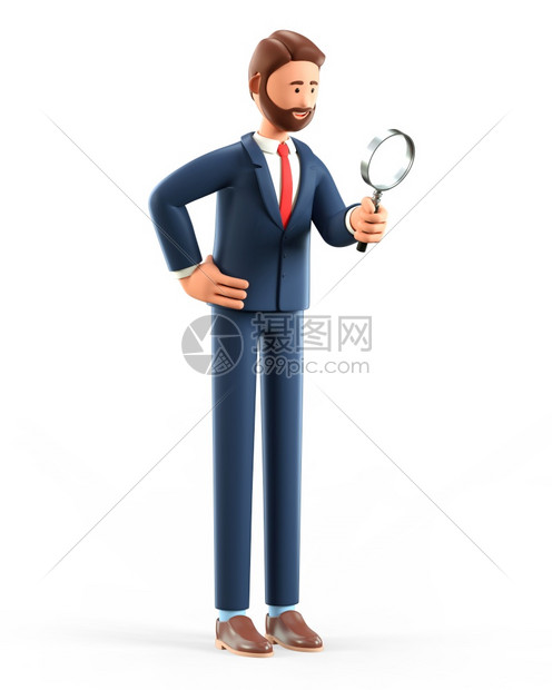 商业3D插图可爱笑的男人通过放大镜寻找信息卡通胡子的探索商家拿着放大镜白底隔离在色背景上持有放大镜的卡通胡子微笑成功图片