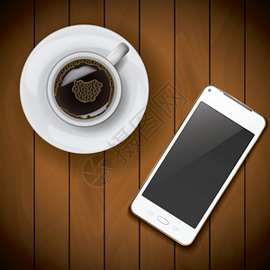 联系蜂窝新现实手机智能样模板与咖啡杯在木背景新现实手机智能样模板与咖啡杯在木背景喝图片