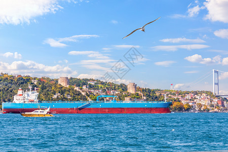 火鸡货物博斯普鲁海峡伊坦布尔Rumelian城堡附近Bosphorus的大型货轮图片