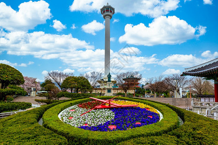 自然釜山塔天空背景布满南朝鲜釜山市永都公园美丽的地标龙头散亚洲人图片
