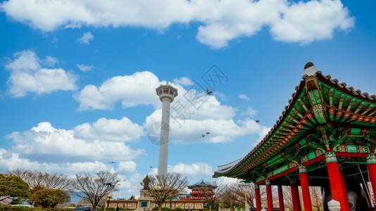 市中心釜山塔天空背景布满南朝鲜釜山市永都公园美丽的地标建造天线图片