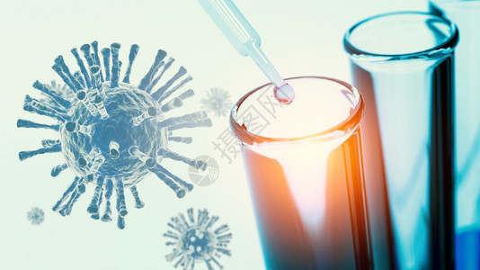 疫苗下降新冠与科罗纳研究学和纳米技术生物学概念和疾治疗背景一起将蓝色溶液样本投入实验室的试管中进行科学研究和纳米技术生物学概念研图片