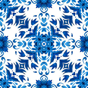 蔓藤花纹无缝蓝色花岗水彩地中海瓷砖设计无缝手绘水画型蓝白色和有花纹元素的紫蓝色和白装饰品奖章古董图片