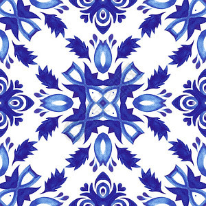 波斯语阿祖莱霍塔拉韦陶瓷手绘画的砖无缝装饰水彩色油漆图案葡萄牙式陶瓷砖设计Azulejo西班牙华丽瓷砖设计的Azulejo无缝蓝图片