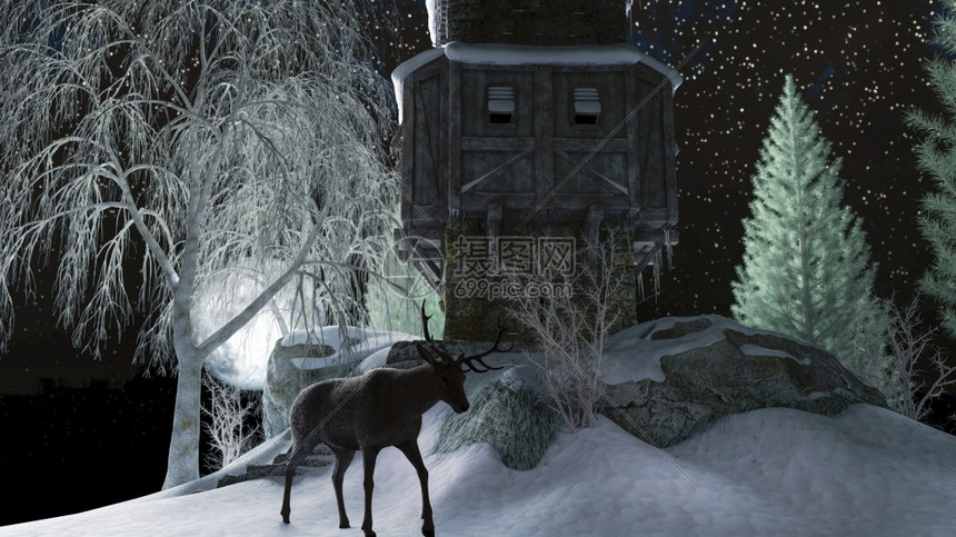 山上一座冬鹿小屋附近的与月光天相对3D让鹿在山上一座冬木小屋附近家爬坡道靠图片