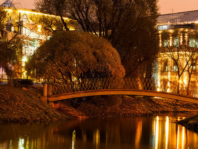 场景横跨河流的桥在灯光房屋的背景下夜幕发生观反射图片