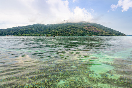 热带旅行天空美丽的自然景观清澈绿色海水俯瞰着丽贝岛的浅珊瑚礁在蓝天夏看到阿当岛作为背景Tarutao公园沙敦泰国清澈的绿色大海俯图片