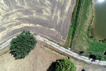 垂直空中观察在收割田和草地旁边的一条道路上方有一个小稳定的草地靠近狭窄的护堤池塘场地收获图片