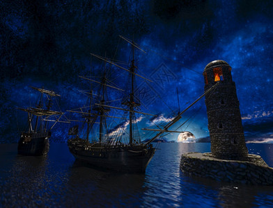 月亮插图旧灯塔附近的海盗帆船月光下着火3d渲染老灯塔附近的海盗帆船月光下着火航海的图片