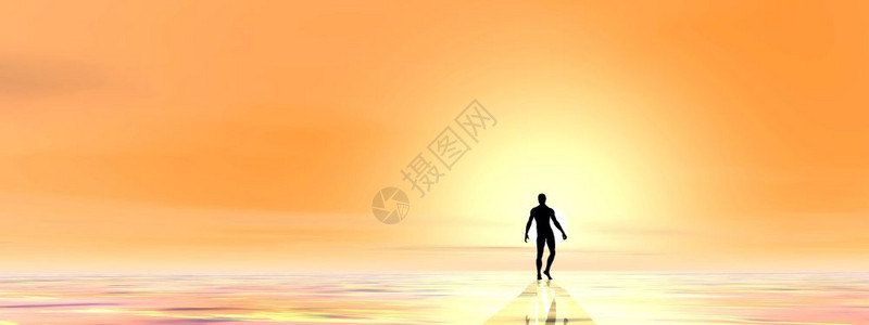 数字的逃脱复活一个男人在橙色背景下走向黄光的人小轮廓进入光3D图片
