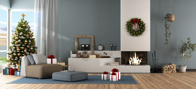 现代客厅配有圣诞树和壁炉图片