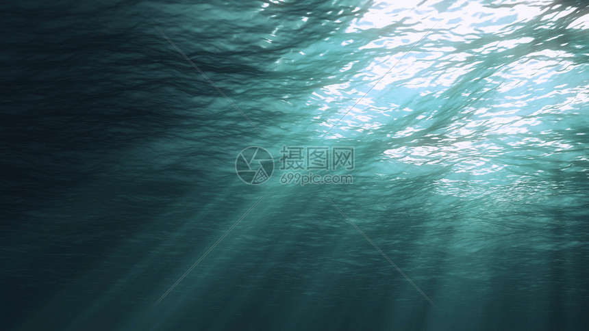 抽象的潜水光束3D照着从上往下射的阳光穿透了深清晰的蓝水形成美丽的幕反光图片