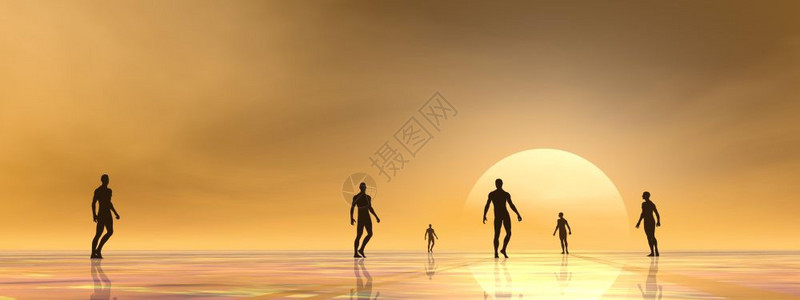 男人们的小圆影在日落前行向黄光走入阳3D转化神秘生活灵图片