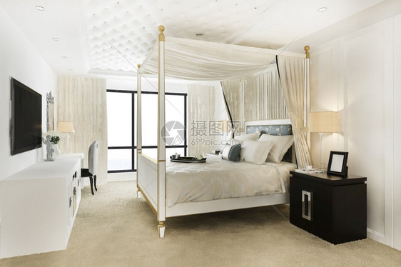 3d在酒店和度假村提供豪华旧式卧室套房枕头墙装饰风格图片